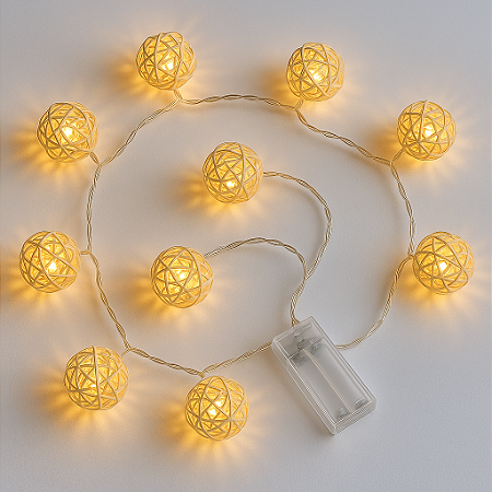 Cordao de Luz Led 10 Bolas Rattan 2 Metros À Pilha Warm Decoracao Natalina