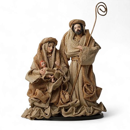 Sagrada Família Linho e Juta Dourada Resina Presepio de Natal Decoracao Natalina Premium
