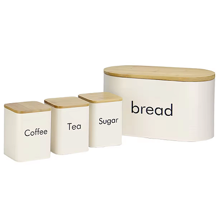 Conjunto Porta Mantimentos 4 Peças Cafe Açucar Pão Chá Aço Tampa Bambu Organização Cozinha