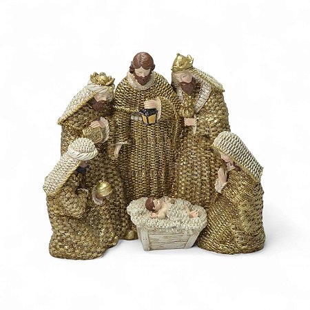 Presepio de Natal Resina Nascimento Jesus 27cm Dourado Decoracao Natalina Premium