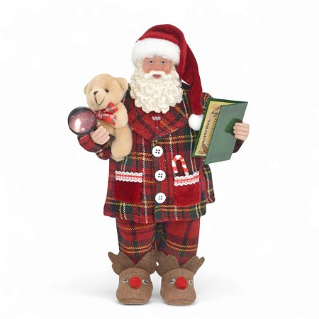 Papai Noel Pijama Xadrez Urso Resina Tecido 27cm Decoracao de Natal Enfeite Natalino Premium