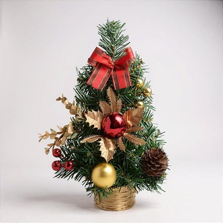 Mini Árvore Natal Decorada 30cm Bola Laço Vermelho Dourado Decoracao Natalina Premium