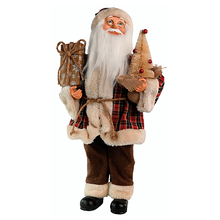 Papai Noel à Corda Musica Movimento 45cm Casaco Xadrez Presente Decoracao Luxo Premium