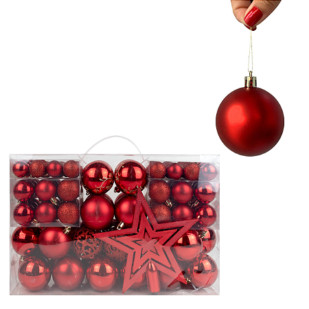 Kit 100 Bolas 3 4 e 6cm e Estrela Ponteira 18cm Natal Vermelho Para Árvore Enfeite Natalino Premium