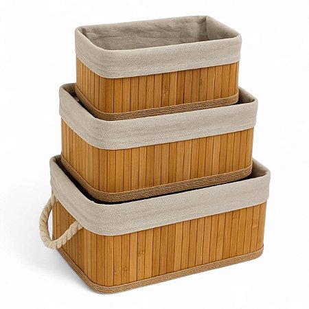 Kit 3 Cesto Organizador Bambu Natural Retangular Forro Linho Multiuso Caixa Armazenamento