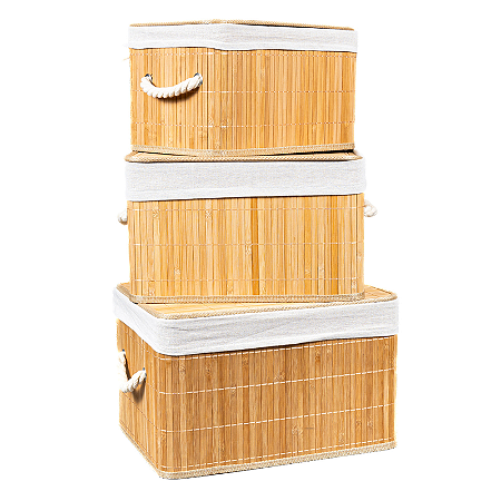 Conjunto 3 Caixa Cesto Organizador Retangular Bambu Tampa Tecido Linho Alças 39 36 33cm Decoração Casa Premium