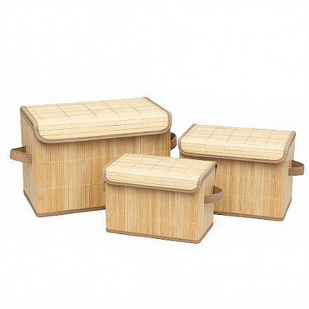 Kit 3 Caixa Organizadora Bambu Natural Forrada Tampa Cesto Armazenamento Multiuso Organização Casa