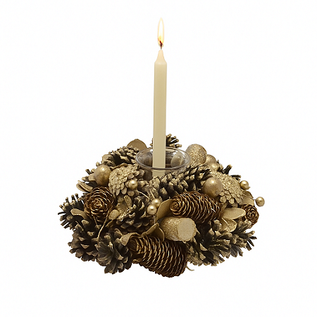 Candelabro Porta Vela Pinhas Dourado Enfeite Natal Decoração Natalina Premium