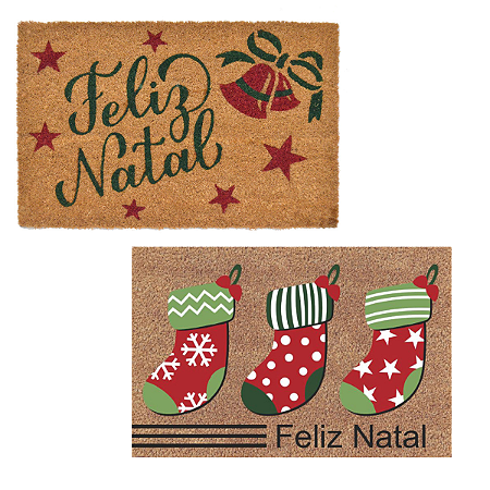 Capacho Tapete Feliz Natal Fibra de Coco 60x40cm Decoracao Natalina Premium Enfeite
