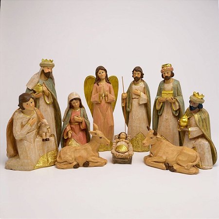 Presepio Natal 10 Peças Resina 18cm Efeito Madeira Entalhada Decoracao Natalina Premium