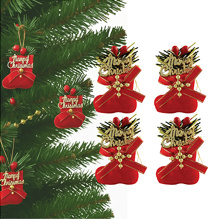Kit 4 Mini Botas Veludo Merry Christmas Enfeite Árvore de Natal 4cm Pendurar Decoracao Natalina