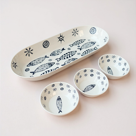 Conjunto Travessa Tigela Melamina Alta Qualidade 38x15cm Estampado Oceano Servir