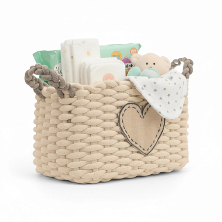 Cesto Organizador Trançado Cordao Algodao Com Alças Aplique Coração Cinza Branco