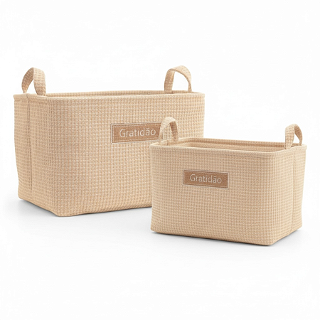 Cesto Organizador Multiuso Tecido Waffle Bordado Gratidao Bege Decoracao
