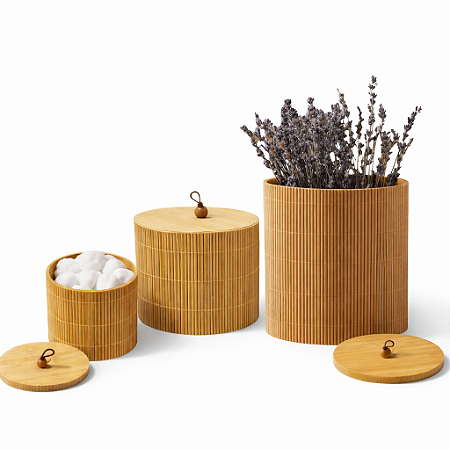 Kit Porta Objeto Redondo Bambu Natural Caixa Organizadora com Tampa Decoracao Minimalista