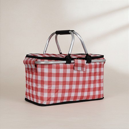 Cesta Para Piquenique 40x22cm Termica Xadrez Vichy Alças e Estrutura Tubo em Aluminio