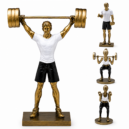Escultura Decorativa Resina Fitness Wellness Mulher Homem Dourado Estatueta