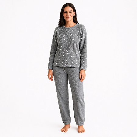 Pijama Adulto  Feminino Fleece Soft Estampado Quentinho Confortável Manga Longa Premium
