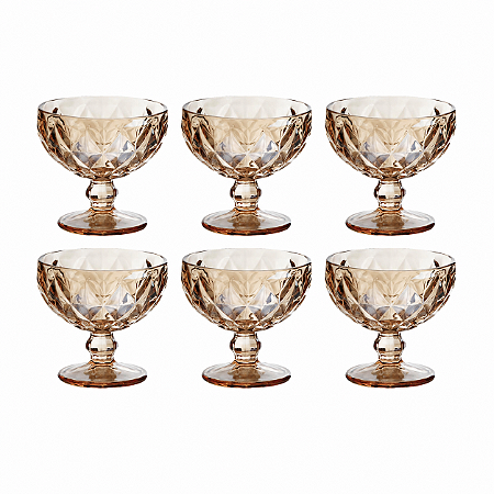 Jogo 6 Taça de Sobremesa Coupé Vidro Ambar 310ml Modelo Diamante Ø11 x 10cm