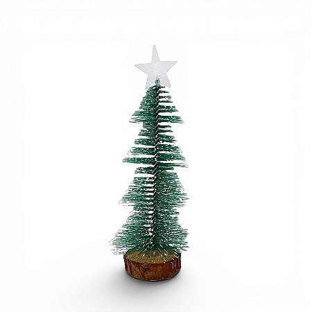 Mini Arvore de Natal Pinheiro Nevado 23 cm Ponteira Estrela Base Madeira Decoracao Natalina