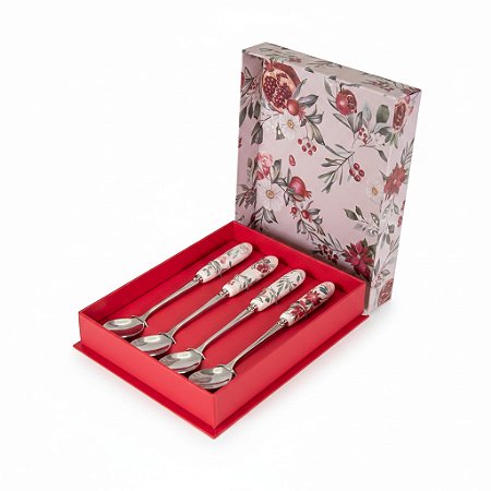 Jogo 4 Colher de Sobremesa Inox Cabo Estampa Floral Porcelana Caixa Mesa Posta Premium