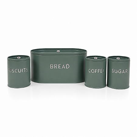 Kit Porta Mantimento Pão Café Açúcar Biscoito Aço Galvanizado Verde Design Sofisticado