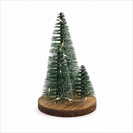 Conjunto 3 Mini Árvore de Natal Nevada Iluminada Base Madeira Decoracao