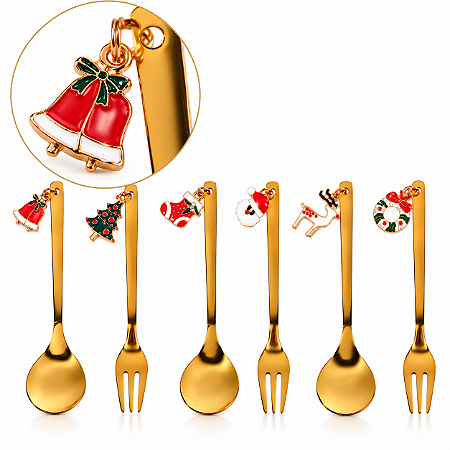 Jogo Talheres Sobremesa 6 Peças Dourado 15cm  Pingentes Natal Mesa Posta Premium