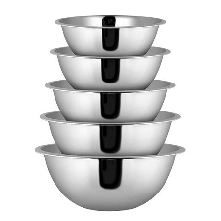 Conjunto 05 Bowls Tigelas em Aço Inoxidável Prata Cozinha Completa Funcional Multiuso