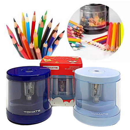 Apontador De Mesa Elétrico Pilha Automático Escolar C/ Azul