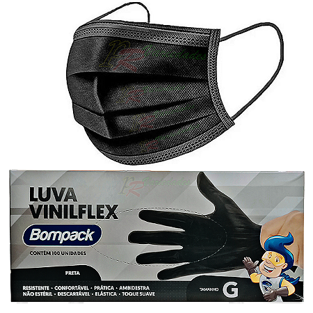 Mascara Tripla Camada Descartável Preta+ Luva Vinil Preta G