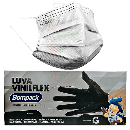 Mascara Tripla Camada Descartável Branca+ Luva Vinil Preta G