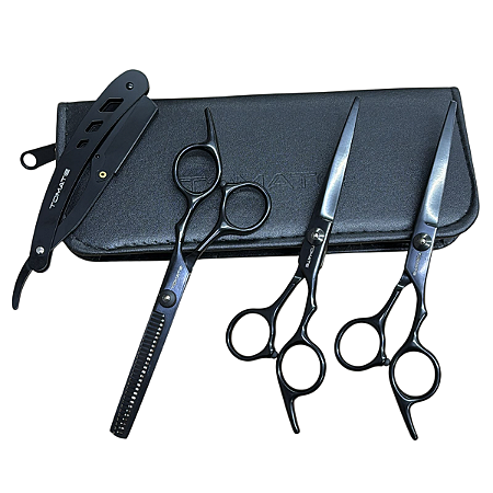 Kit Barbeiro 3 Tesouras Profissionais E Navalhete + Estojo