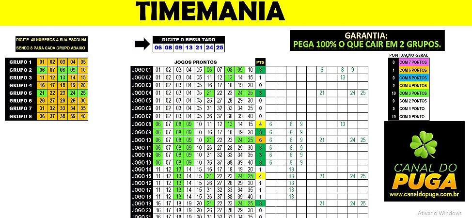 Planilha Timemania - 40 Dezenas Fechando 7 Pontos Em Grupos