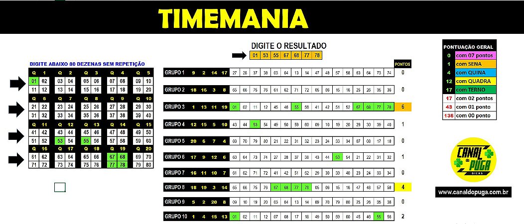Planilha Timemania - Esquema de Quadrantes com Fechamento e Garantia