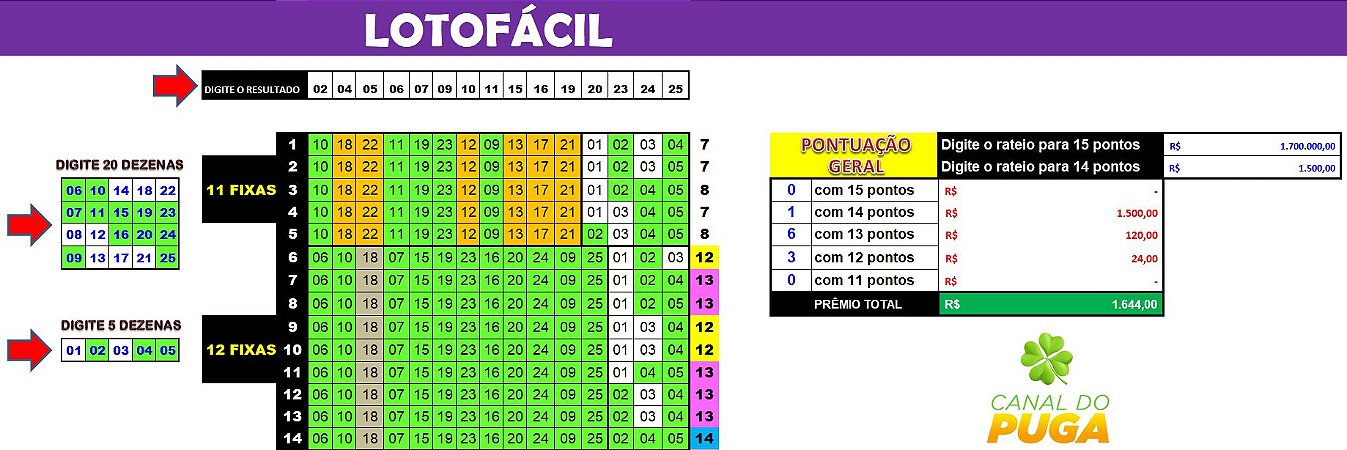 Planilha Lotofacil - Esquema com 25 Dezenas em 30 Jogos