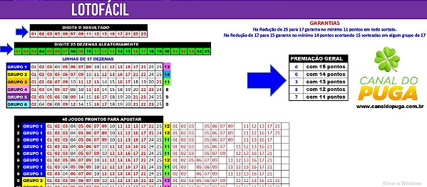 Planilha Lotofacil - Jogue com 6 Grupos De 17 Dezenas e Garantia - Canal do  Puga