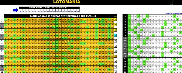 Planilha Lotomania - Jogue com 16 Grupos de 72 Dezenas