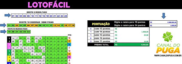 Planilha Lotofácil Grátis - 10 Fixas 