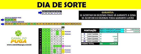 Planilha Dia de Sorte - Se Acertar 4 Dezenas Já Garante a Sena