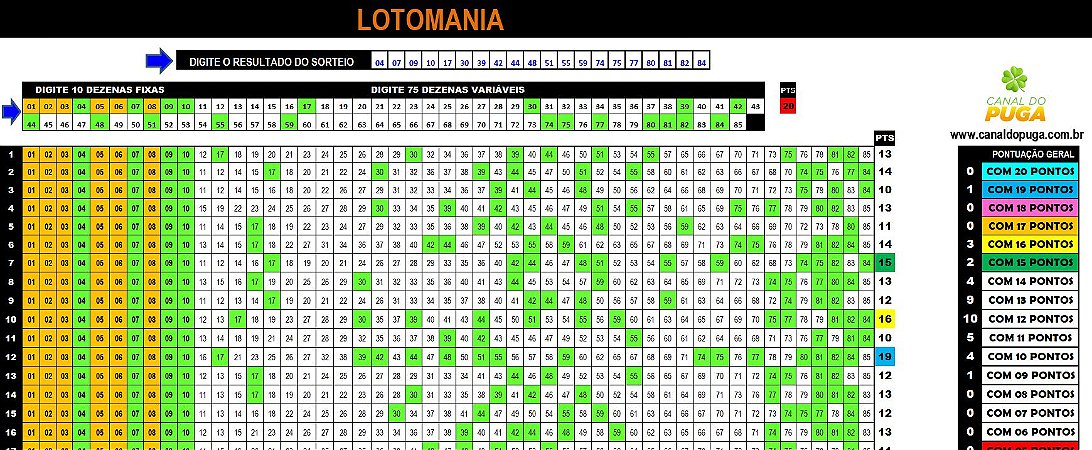Planilha Lotomania - Esquema com 10 Dezenas Inteligentes