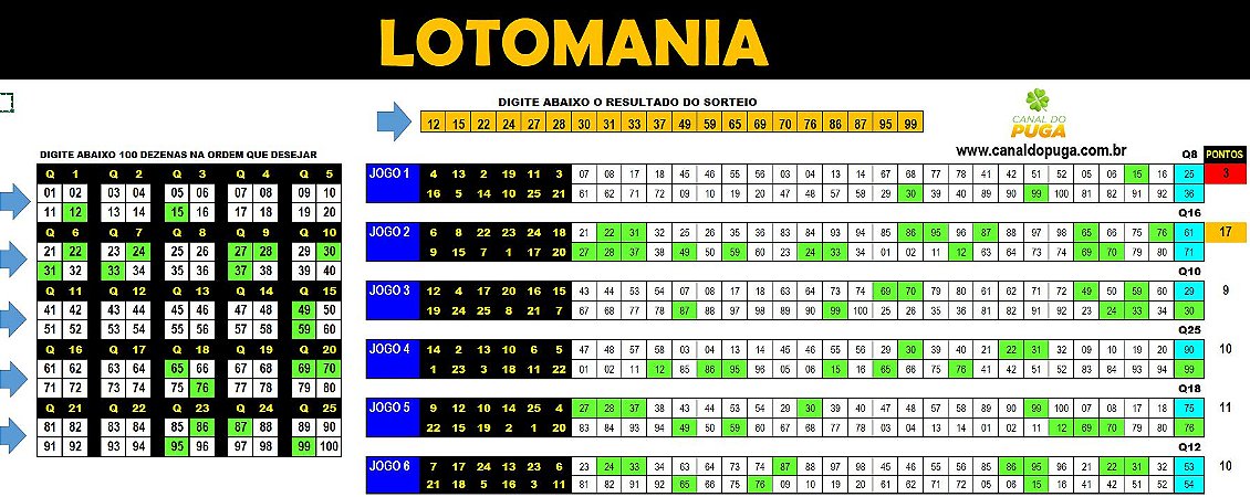 Planilha Lotomania - Esquema com Quadrantes Combinados