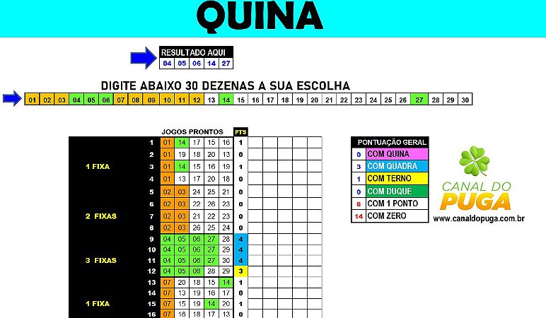 Planilha Quina - 30 Dezenas Combinadas em 24 Jogos
