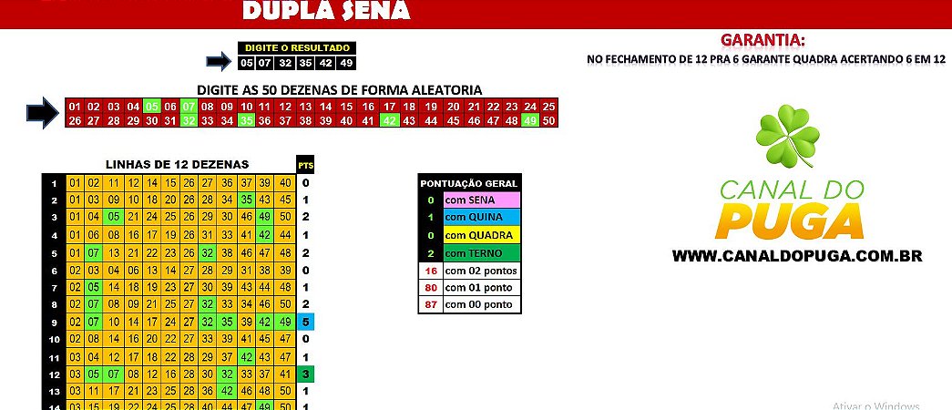 Planilha Dupla Sena - Jogue com 31 Grupos de 12 Dezenas Fechando Quadra