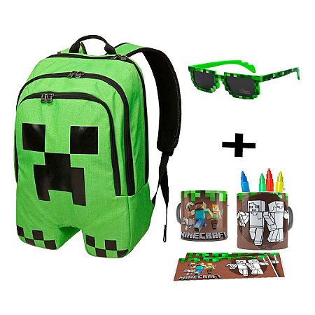 Kit Aventura Minecraft Mochila Original + Óculos Creeper + Caneca P/ Colorir com Canetinhas