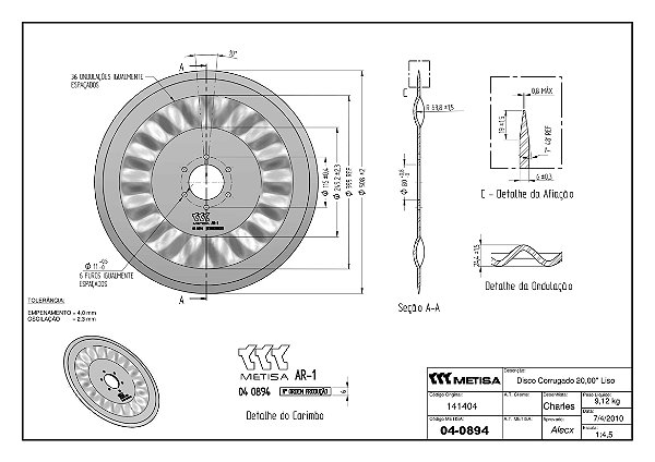 DISCO PLANO CORRUGADO 20" X 6,0 MM (FURO 80 MM)