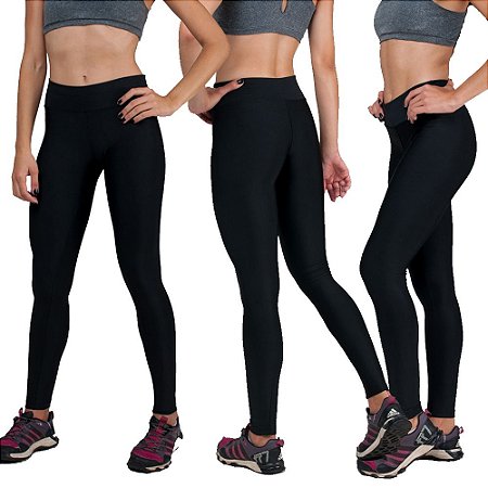 Kit com 3 Calças Legging Básica Suplex Preta