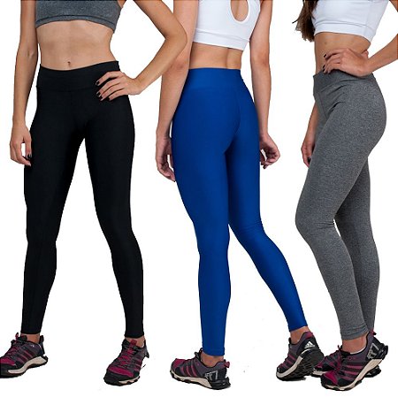 Kit com 3 Calças Legging Básica Suplex Preta Cinza e Azul