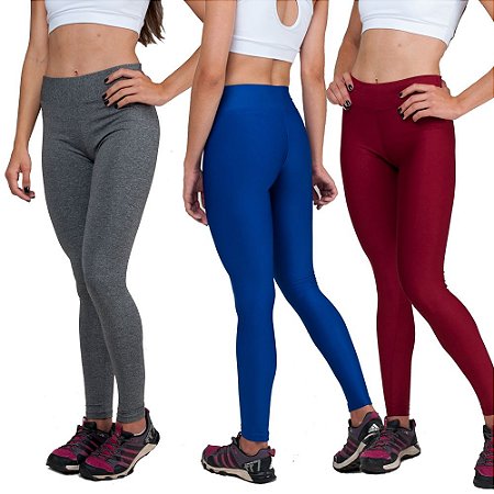 Kit com 3 Calças Legging Básica Suplex Vermelha Cinza e Azul