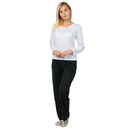 Conjunto Pijama Feminino Básico Manga Longa Branco e Preto